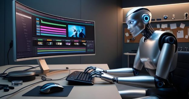 Robot with a sleek metallic design using a computer to edit videos on a large, curved monitor in a modern workspace.